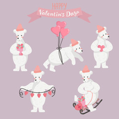 Vector illustration of set valentines polar bear and lettering on a ribbon.Bear gives flowers, gifts, a garland of hearts.