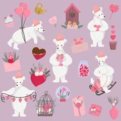 Vector isolated valentine's day illustration set of cute polar bear with boho elements love symbols. the bear gives flowers, gifts, a garland of hearts.