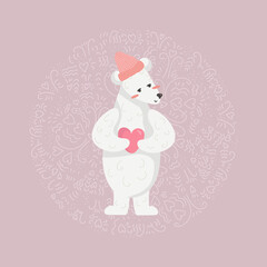 .Vector  illustration of a cute polar bear holding a heart. Cute teddy bear clipart is suitable for postcards for February 14, decor of the children's room, invitations