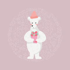 Vector illustration of cute polar bear gives a bouquet. Cute teddy bear clipart is suitable for postcards for February 14, decor of the children's room, invitations.