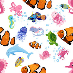Marine life, fish, animals bright seamless pattern. sea travel, underwater diving animal tropical fish. Jellyfish, whale, shark, seahorse, clown fish, dolphin, turtle, emperor