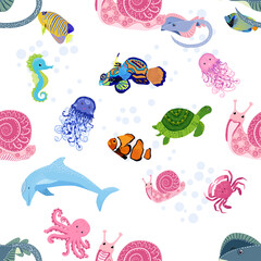 Marine life, fish, animals bright seamless pattern. sea travel, underwater diving animal tropical fish. Jellyfish, whale, shark, seahorse, clown fish, dolphin, turtle, emperor