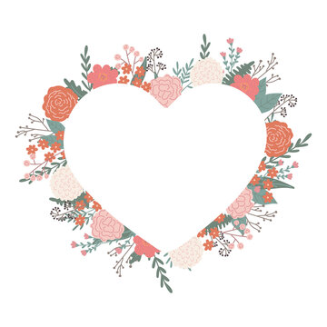 Vector illustration  heart frame with flowers. Mother's day, Valentine's day, wedding, love bohemian concept for cards, invitations.