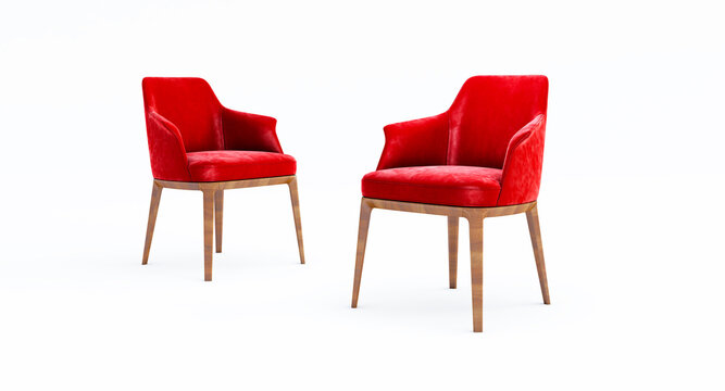 3D render of Modern red armchairs isolated on white background, Orange chair with wooden legs