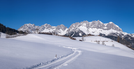 Fototapeta na wymiar Panoramic view of the Wilder Kaiser mountain range in Winter, Tyrol, Austria