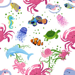 Marine life, fish, animals bright seamless pattern. sea travel, underwater diving animal tropical fish. Jellyfish, whale, shark, seahorse, clown fish, dolphin, turtle, emperor