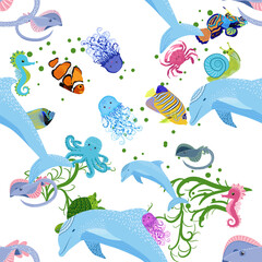 Marine life, fish, animals bright seamless pattern. sea travel, underwater diving animal tropical fish. Jellyfish, whale, shark, seahorse, clown fish, dolphin, turtle, emperor
