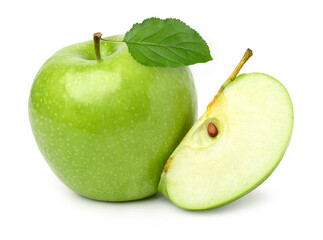 Fresh green apples with green leaf and sliced isolated on white background.