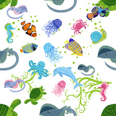 Marine life, fish, animals bright seamless pattern. sea travel, underwater diving animal tropical fish. Jellyfish, whale, shark, seahorse, clown fish, dolphin, turtle, emperor