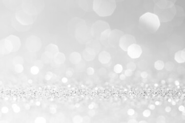 Abstract bokeh white,light grey,sliver colors de focused circular background.Night light season greeting elegance backdrop or artwork design for newyear,christmas sparkling glittering or special day. - 475542174