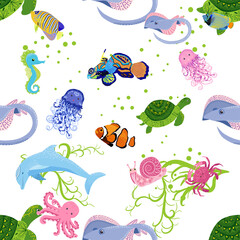 Naklejka na ściany i meble Marine life, fish, animals bright seamless pattern. sea travel, underwater diving animal tropical fish. Jellyfish, whale, shark, seahorse, clown fish, dolphin, turtle, emperor