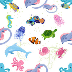 Marine life, fish, animals bright seamless pattern. sea travel, underwater diving animal tropical fish. Jellyfish, whale, shark, seahorse, clown fish, dolphin, turtle, emperor