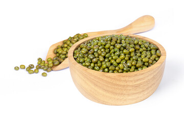 Green mung beans (Vigna radiata) in wooden bowl isolated on white background. 