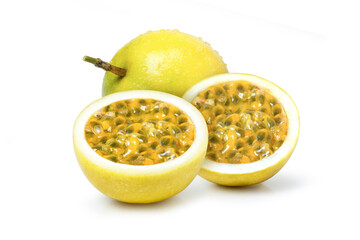 Yellow Passion fruit (Maracuya Passiflora) with cut in half sliced isolated on white background.