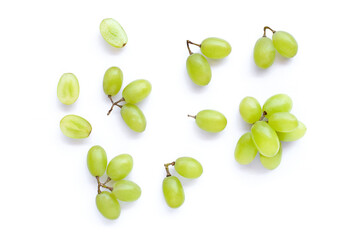 Green grapes isolated on white background. Top view. Flat lay.  - obrazy, fototapety, plakaty