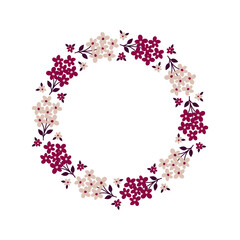 Hand-drawn wreath with white background. Wreath with pink and dark purple. Cute and childish design for fabric, textile, wallpaper, bedding, swaddles or gender-neutral apparel.