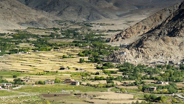 Aerial View Of Remote Village Of Ladakh, Landscape, Light And Shadow. Leh, Ladakh, Jammu And Kashmir, India