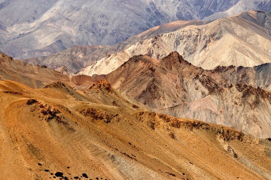 Brown colourful rocks and stones - painting look formation , mountains , ladakh landscape Leh, Jammu & Kashmir, India