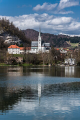 Fototapeta premium Bled, Slovenia, 04 11 2018: View over Bled lake, the castle and mountains