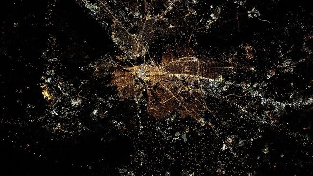 Washington Usa city night lights, urban road pattern fabric map, aerial satellite view from space animation. Based on image furnished by Nasa