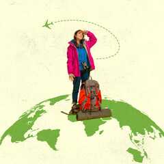 Modern design, contemporary art collage. Young woman, traveler with tourist equipment standing on drawn globe and waiting for flight.