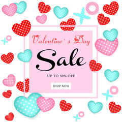Sale Valentine's Day Banner Festive background with realistic hearts XOFebruary 14 web poster design editable text Vector illustration