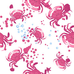Crab marine life, fish, animals bright seamless patterns. sea travel, snorkeling with animals, tropical fish.