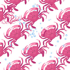 Crab marine life, fish, animals bright seamless patterns. sea travel, snorkeling with animals, tropical fish.
