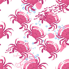 Crab marine life, fish, animals bright seamless patterns. sea travel, snorkeling with animals, tropical fish.