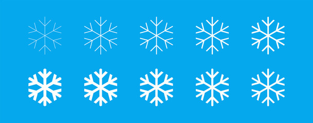 Set of snowflakes, linear icons of different thickness. New Year and Christmas attribute. Weather element. The symbol of cold, snow, winter and frost. Isolated abstract raster illustration.
