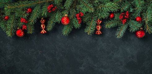 Christmas dark grunge horizontal background, top view.