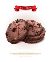 3d realistic vector icon. Chcolate chip cookie in side and front view.