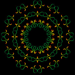  A symmetrical pattern of abstract shapes creates an ornament around a colorful flower. Ornament on a black background.