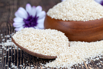 white sesame seeds on a wooden table