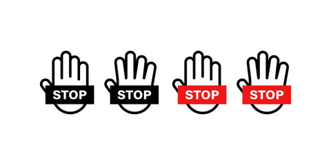 Stop hand icon, warning palm symbol. Danger vector sign set.