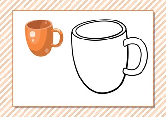 Printable worksheet. Coloring book. Cute cartoon cup. Vector illustration. Horizontal A4 page Color orange