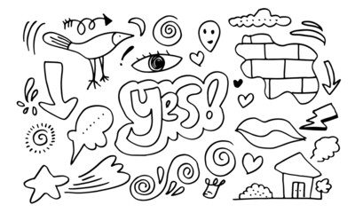 Fototapeta premium Hand drawn set elements, black on white background. Wall,Arrow, heart, love, star, leaf, eye , light, flower, crown,home ,mouth ,speech bubble for concept design.