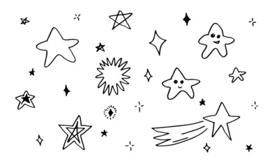 Hand drawn stars set. Star doodles collection on white background.