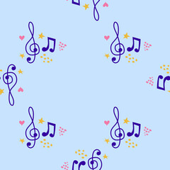 Cartoon hand drawn musical seamless pattern. Lots of symbols, objects and elements.