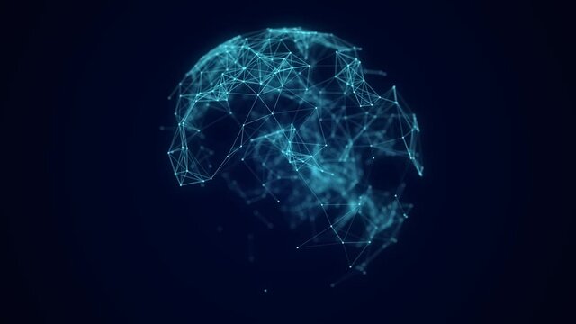 Abstract blue sphere with connecting dots. Wireframe technology sphere. Big data visualization. 3d rendering.