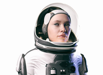 Young female astronaut with glass helmet isolated- 3d rendering © hutangach
