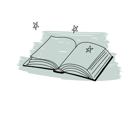 Hand drawn opened book in linear style with stars above and brush stroke background. Isolated vector illustration