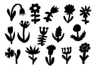 Fototapeta na wymiar Abstract doodle flowers. Hand drawn cartoon plants. Funny geometric vector flower collection