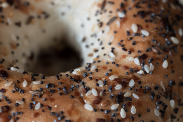closeup top view of an everything bagel with poppy and sesame seeds