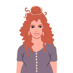 Portrait of a young red-haired curly woman with a smile.Flat vector graphics.