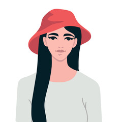 Portrait of a young pretty brunette girl in a red hat. Flat vector graphics.
