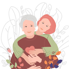 An adult daughter hugs her mother or grandmother, an older woman with hearing aids. Illustration showing the care and support of young people for older people, caring for people with hearing impairmen