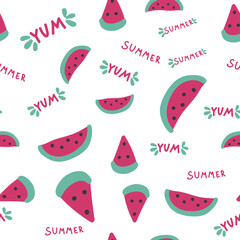 Watermelon slices seamless pattern, summer pattern with yum-yum lettering