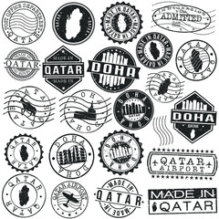 Doha, Qatar Set of Stamps. Travel Stamp. Made In Product. Design Seals Old Style Insignia.