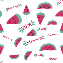 Watermelon slices seamless pattern, summer pattern with yum-yum lettering